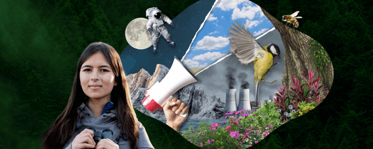 A decorative banner featuring a portrait of Mya-Rose Craig and a collage of images connected to the environment