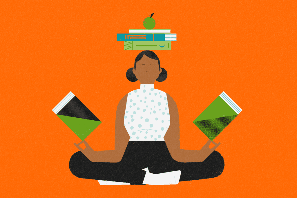 Illustration of someone meditating whilst balancing books on their head and hands
