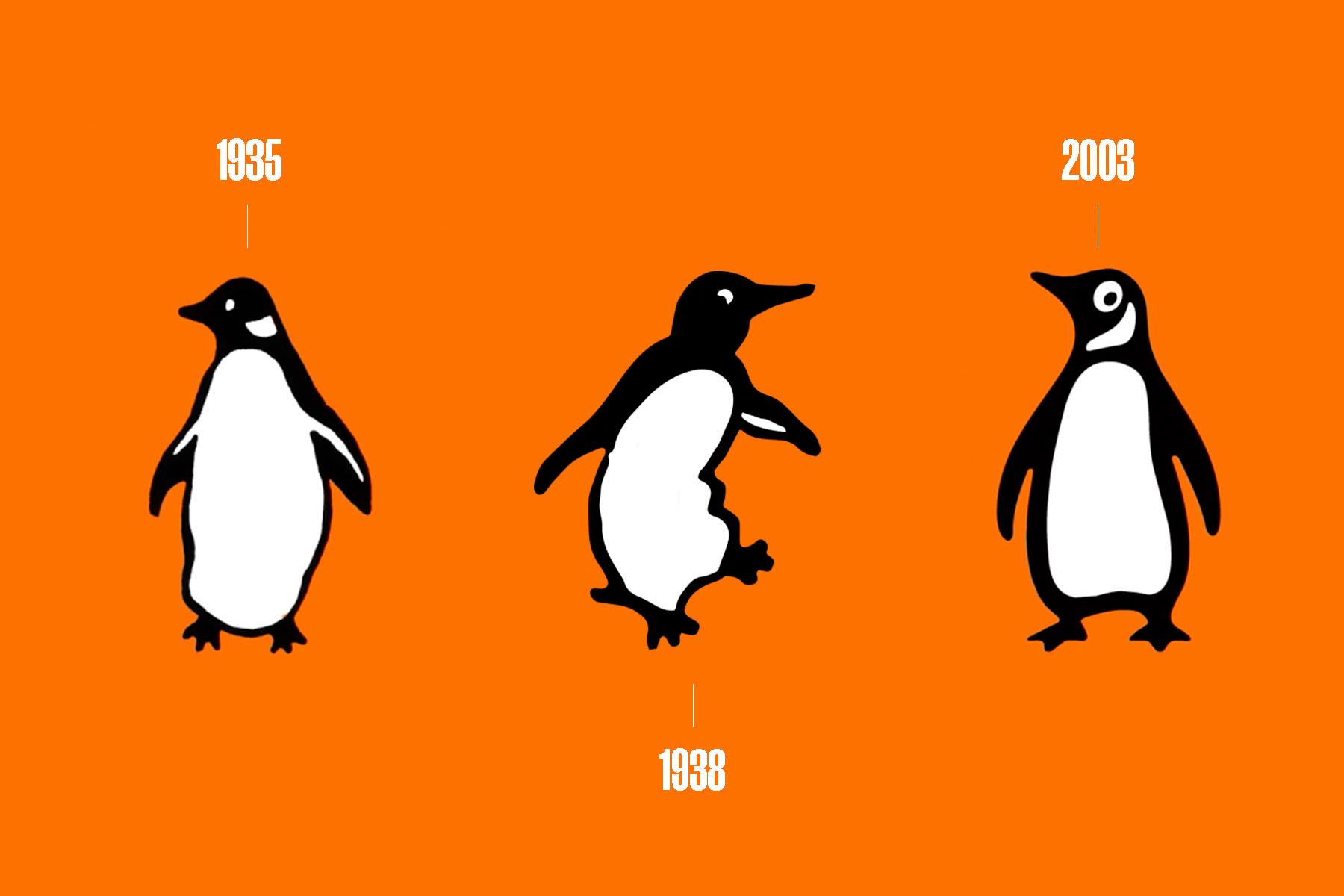 Three of the penguins from the Penguin Books logo, one from 1935, one from 1938 and one from 2003, on an orange background.