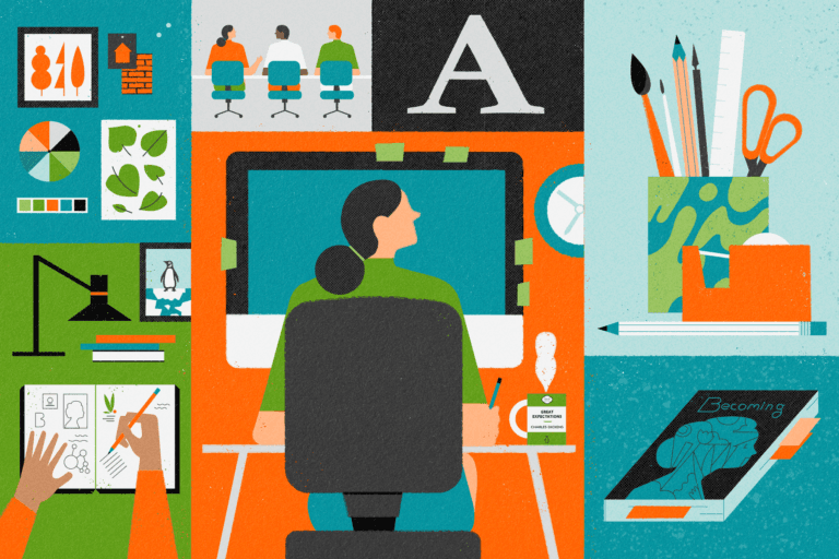 Illustrated grid of all the elements of book design, mood boards and research, sketching, designing on a computer and the book covers meeting