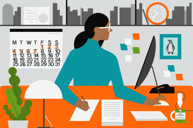 Illustration of an editor at their desk with computer, editing manuscript, cup of tea