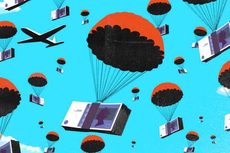 An illustration of red hot air balloons, with the baskets replaced with wads of currency.