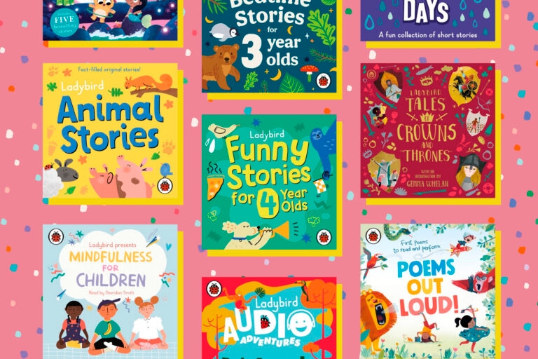 A picture of a selection of Ladybird audiobooks on a pink background with colourful dots