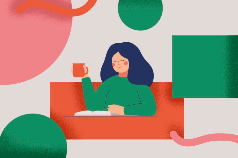 An illustration of a woman sitting with a mug and a book
