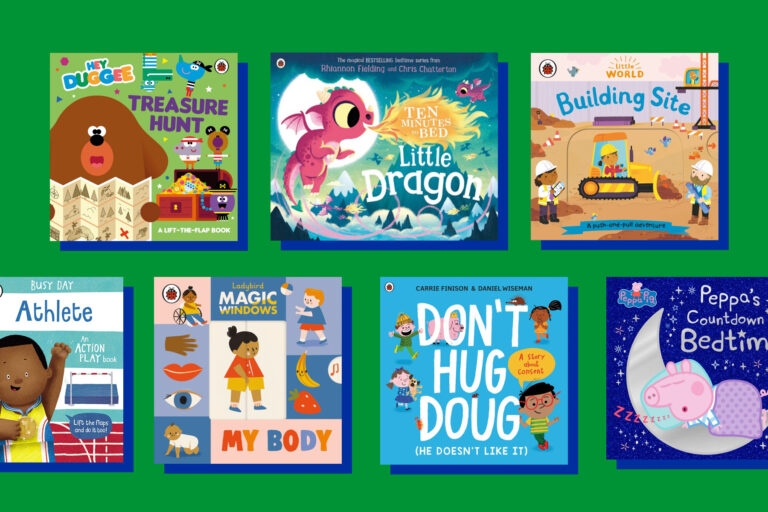 A picture of several books for three-year-olds on a bright green background