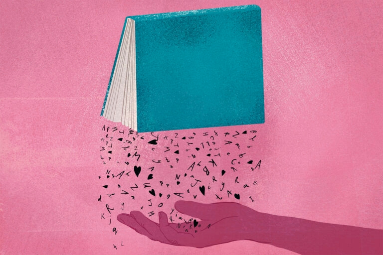 An illustration of a turquoise-coloured book, spine facing upwards, with letters and hearts falling out of its pages onto an outstretched hand, against a pink background.