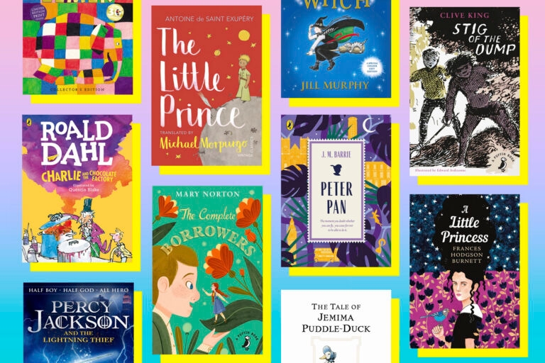 A picture of several different children's books on a pink to blue ombre background; each book has a bright yellow shadow