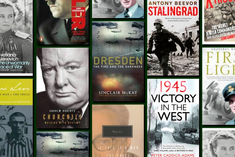 A flatlay of books about the Second World War on a dark green background