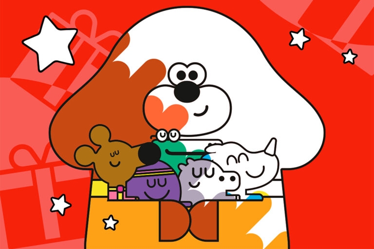 An illustration from the Hey Duggee Bumper Colouring Book on top of a red and present print background