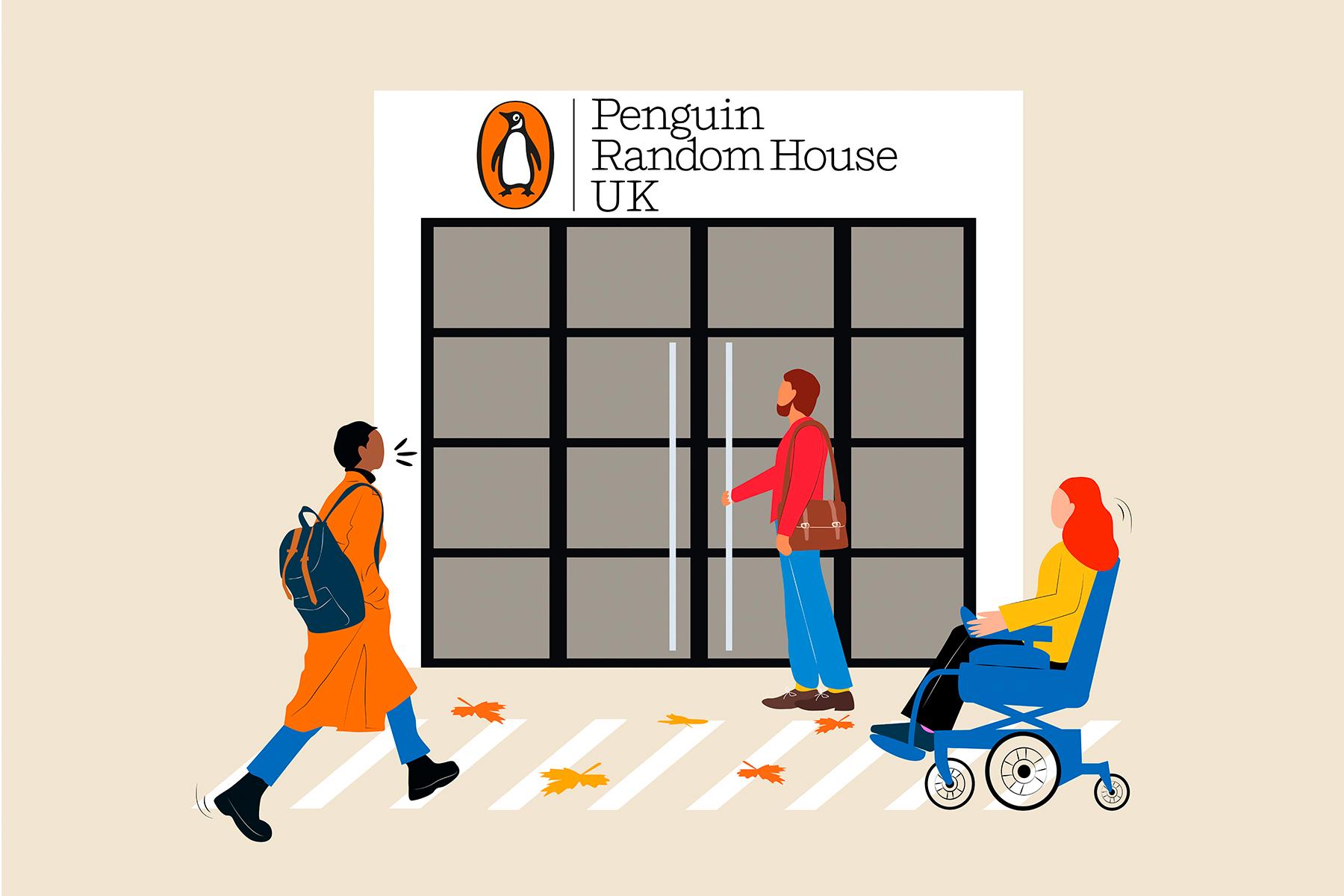 Illustration of three people entering the Penguin Random House UK office, one opening the door, one in a motorised wheelchair, and another walking.