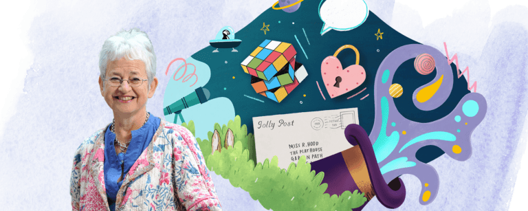 A decorative banner featuring a portrait of Jacqueline Wilson and a collage of playful illustrations like a rubix cube, a heart shaped locket, and bunny ears