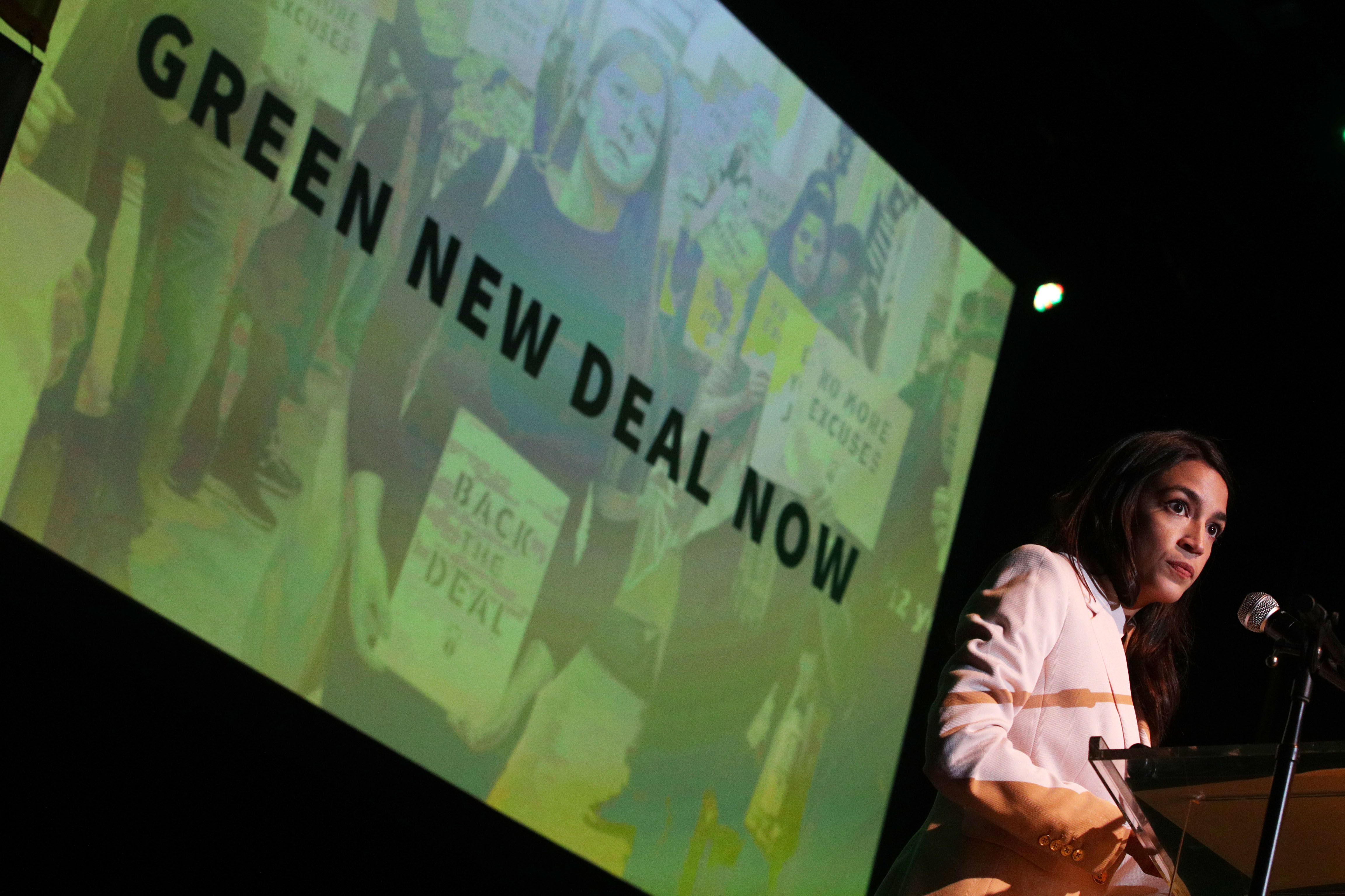 WASHINGTON, DC - MAY 13: U.S. Rep. Alexandria Ocasio-Cortez (D-NY) speaks during a rally at Howard University May 13, 2019 in Washington, DC. The Sunrise Movement held an event for the final stop of the "Road to a Green New Deal" tour to "explore what the pain of the climate crisis looks like in D.C. and for the country and what the promise of the Green New Deal means." (Photo by Alex Wong/Getty Images)