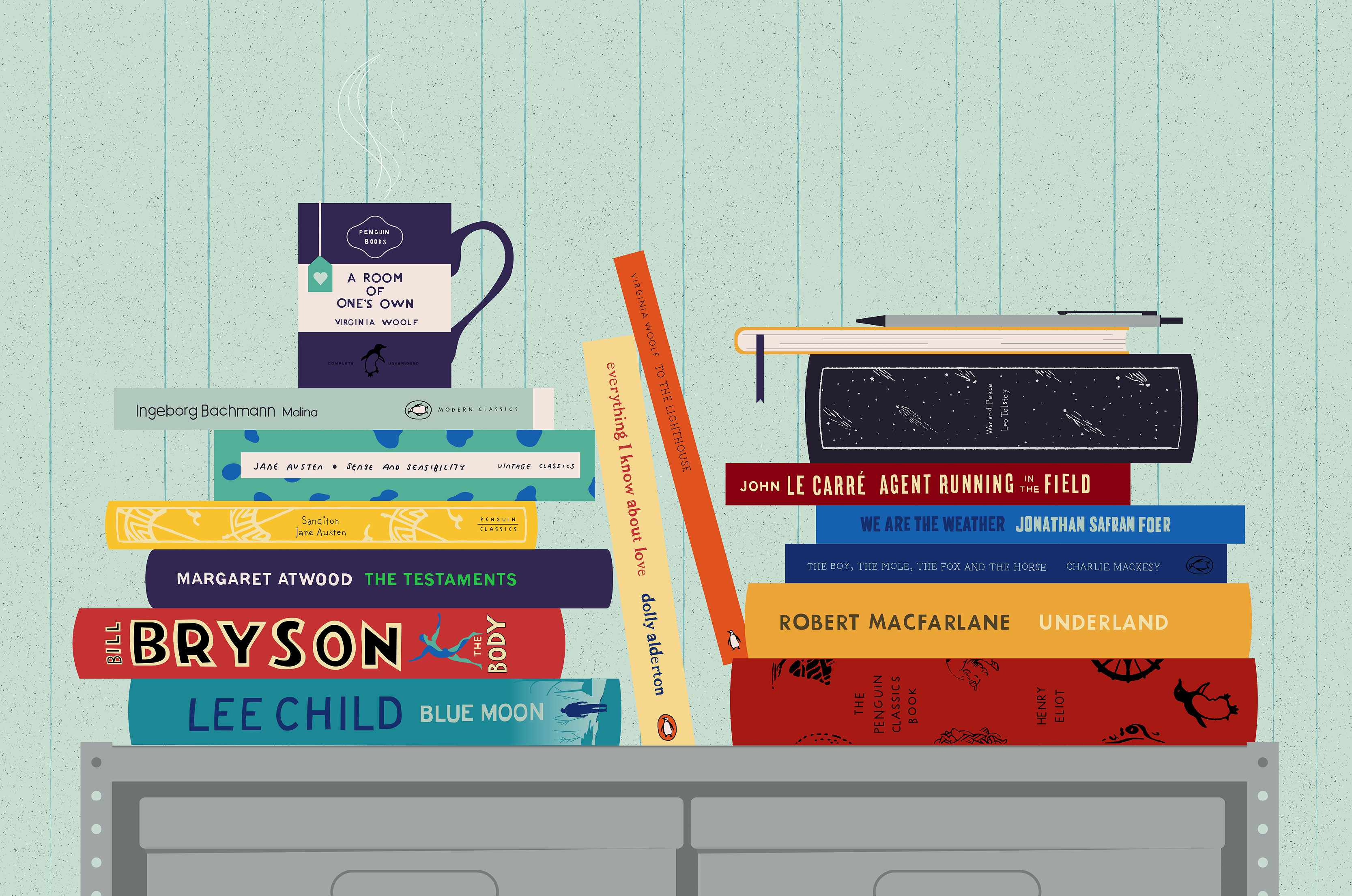 An illustration of a stack of books on a bookshelf.