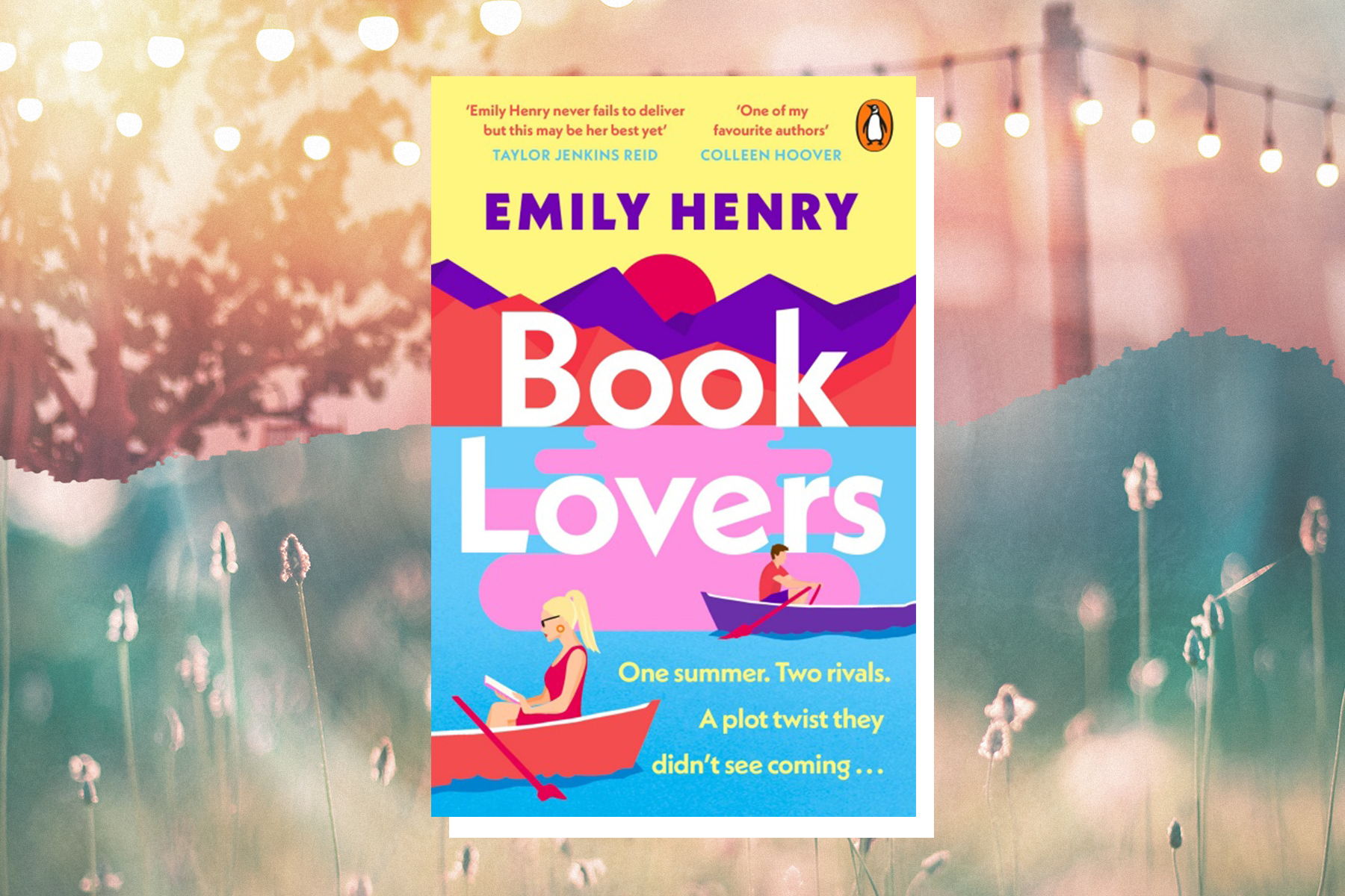 An image of Emily Henry's novel Book Lovers against a colourful backdrop.
