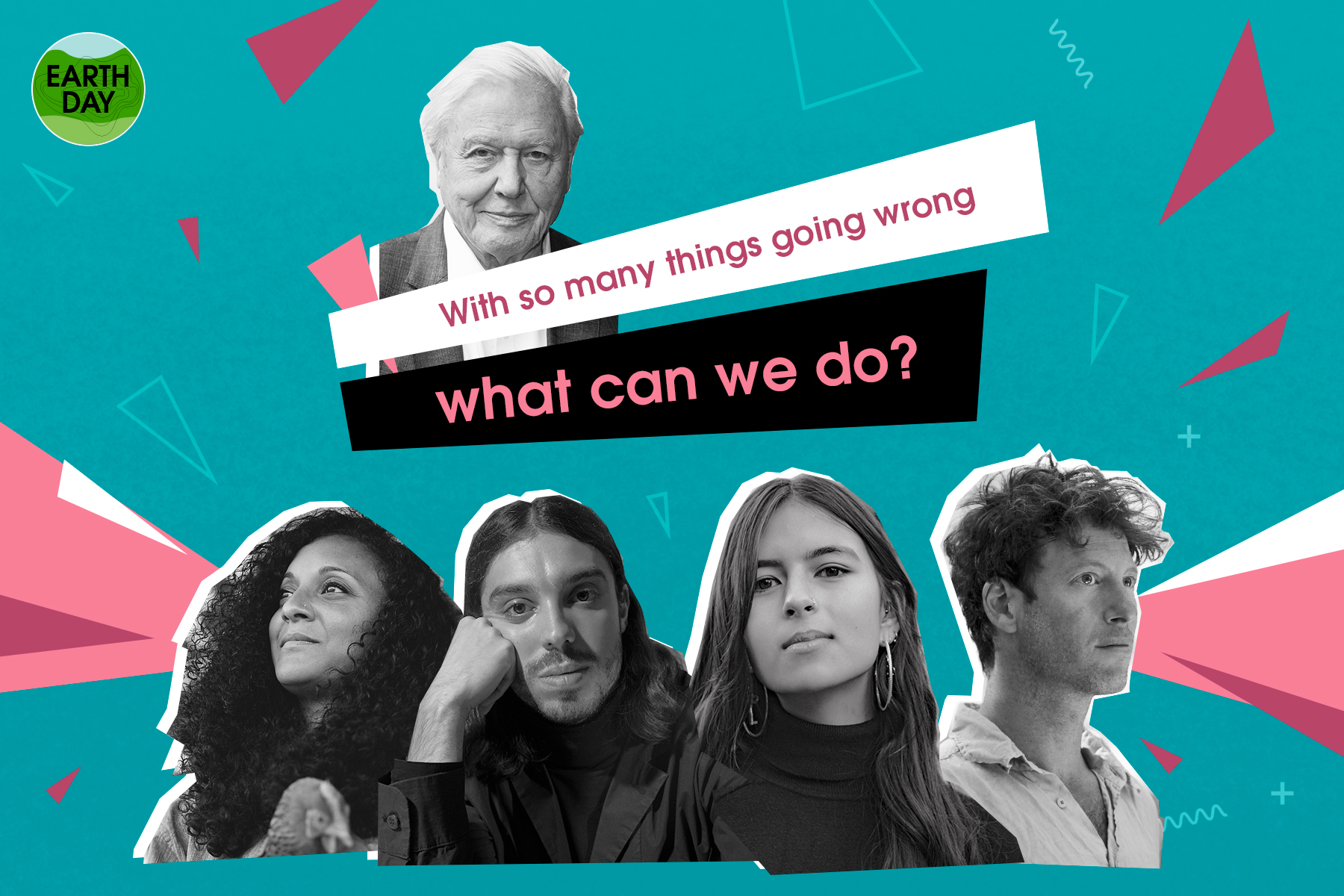 A collage of authors Claire Ratinon, Ed Winters, Mya-Rose Craig and Sam Lee, beneath a photograph of David Attenborough and the words "With so many things going wrong, what can we do?'