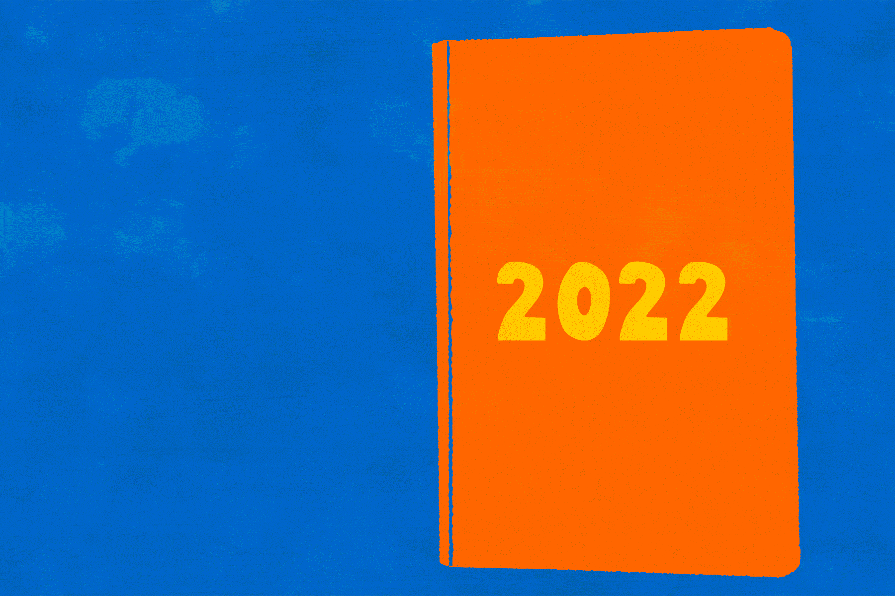 A moving gif of an orange and yellow book on a blue background. The book is called '2022' and opens to show illustrations of a ball of wool, a burning planet, and a person doing yoga