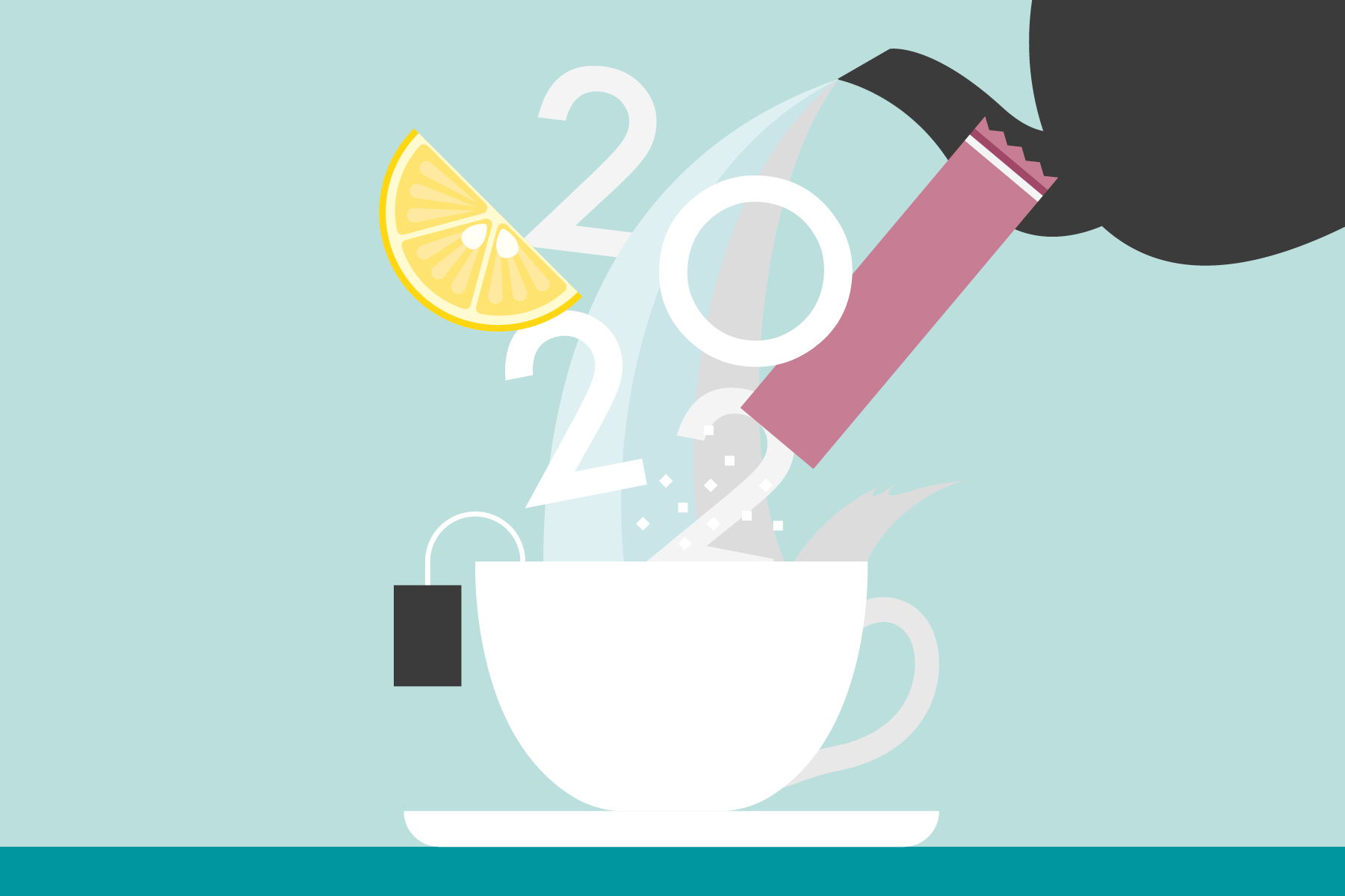 An illustration, in soft green colours, of a teapot pouring tea into a cup and saucer, with the numbers '2022' splashing gently out.