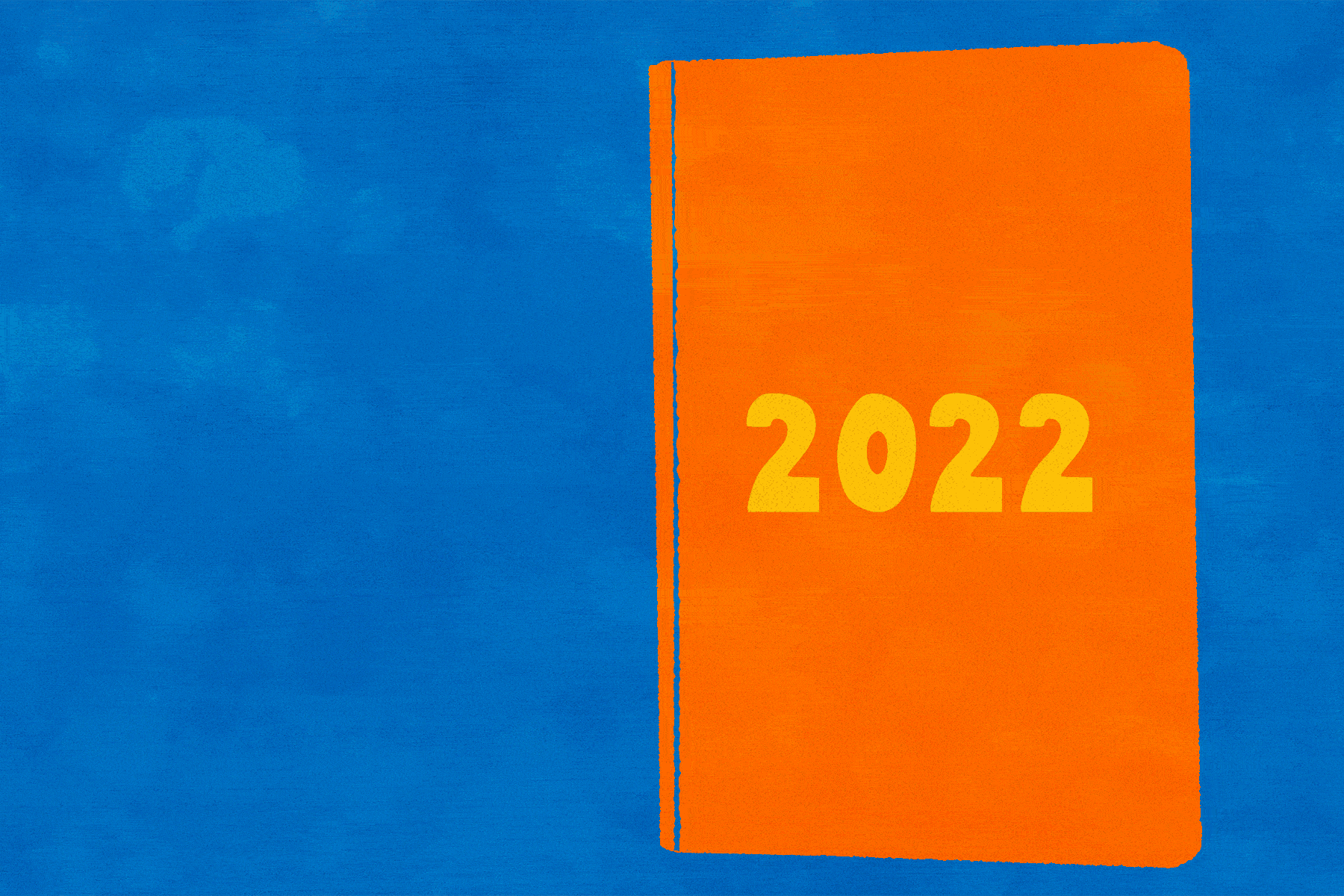 A moving gif of an orange and yellow book on a blue background. The book is called '2022' and opens to show illustrations of a ball of wool, a burning planet, and a person doing yoga