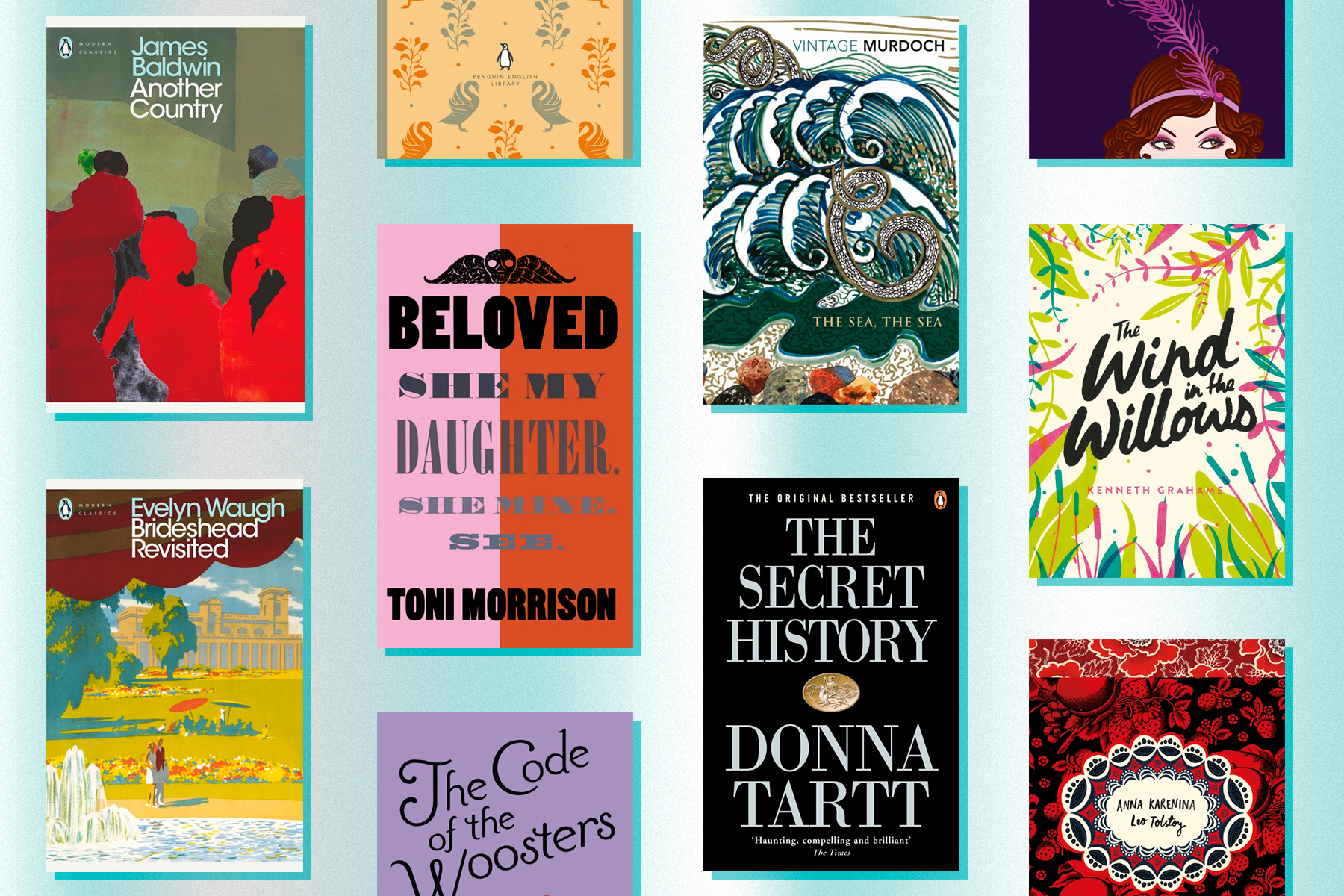 A collage of book covers on a light blue background. Titles include I Capture the Castle, Beloved, The Secret History and The Wind in the Willows.