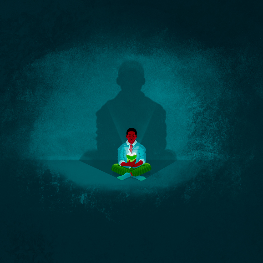 An illustration of a person, small against a big, dark teal background, with an open book casting light upwards on their face.