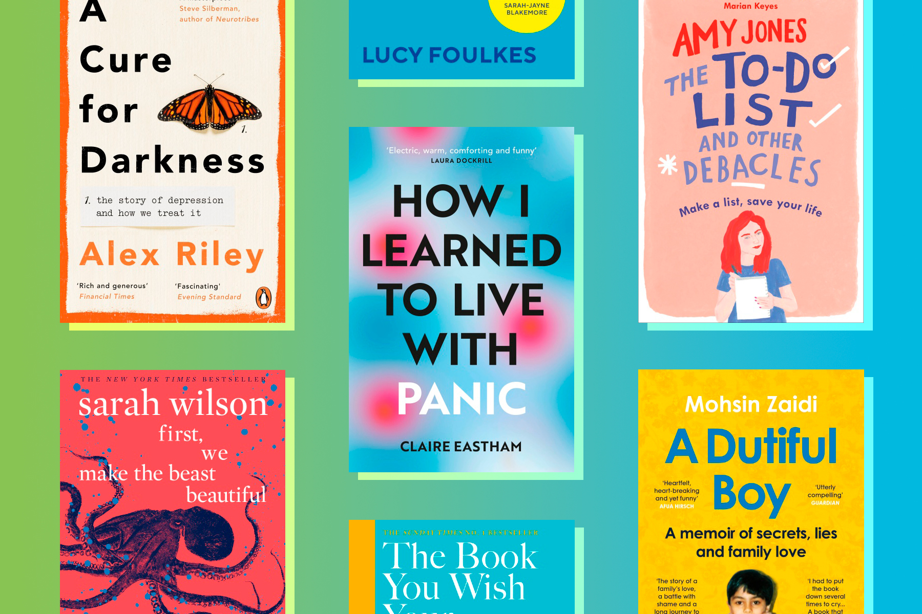 Books about mental health on a colourful background.