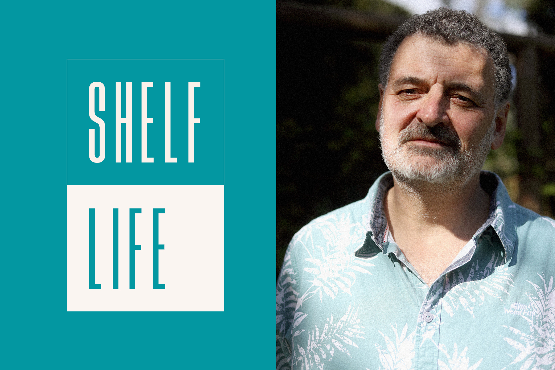 A portrait of Steven Moffat with the words 'Shelf Life' next to it