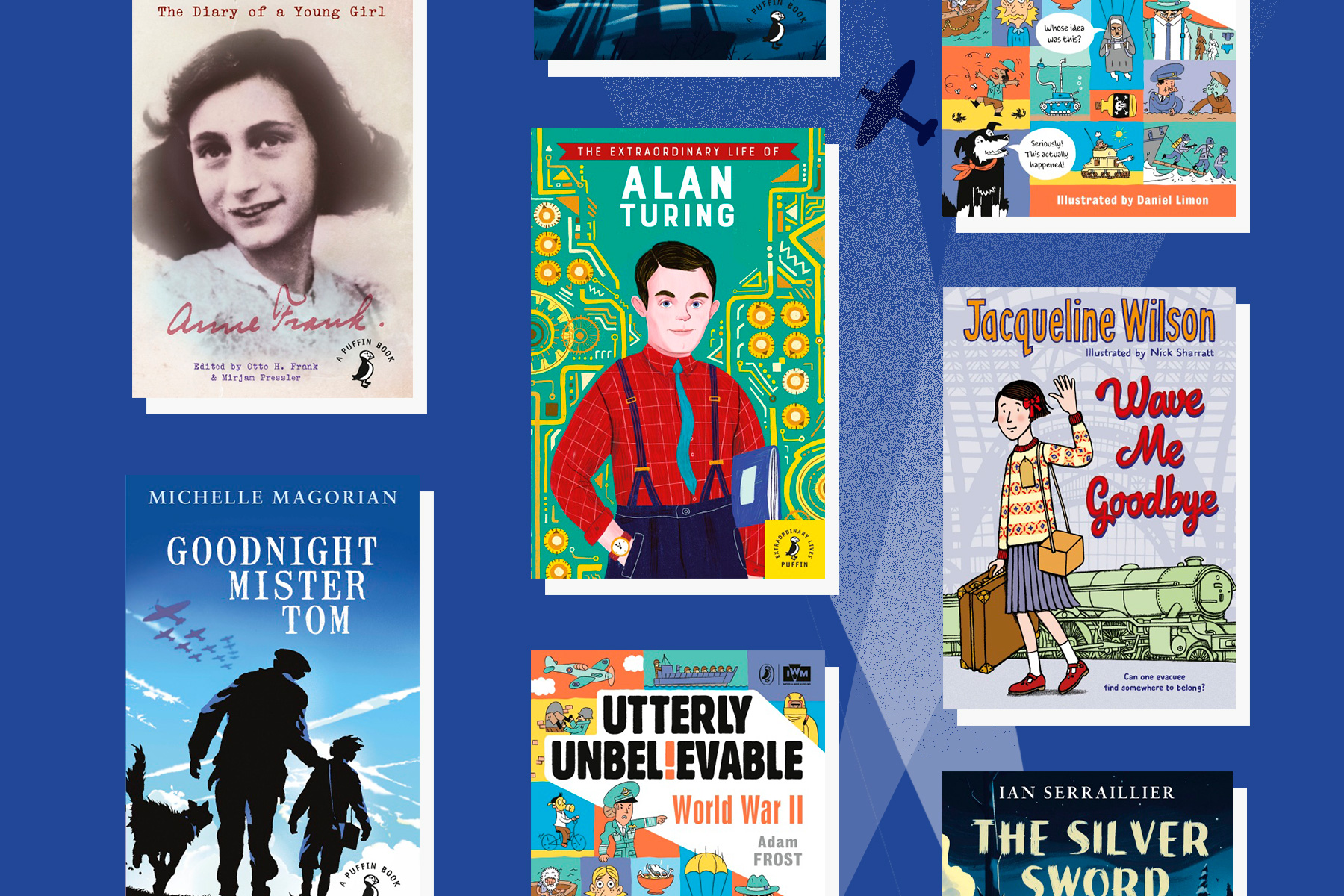 An image of a selection of children’s books about the Second World War on a dark blue background with a fighter plane illustration