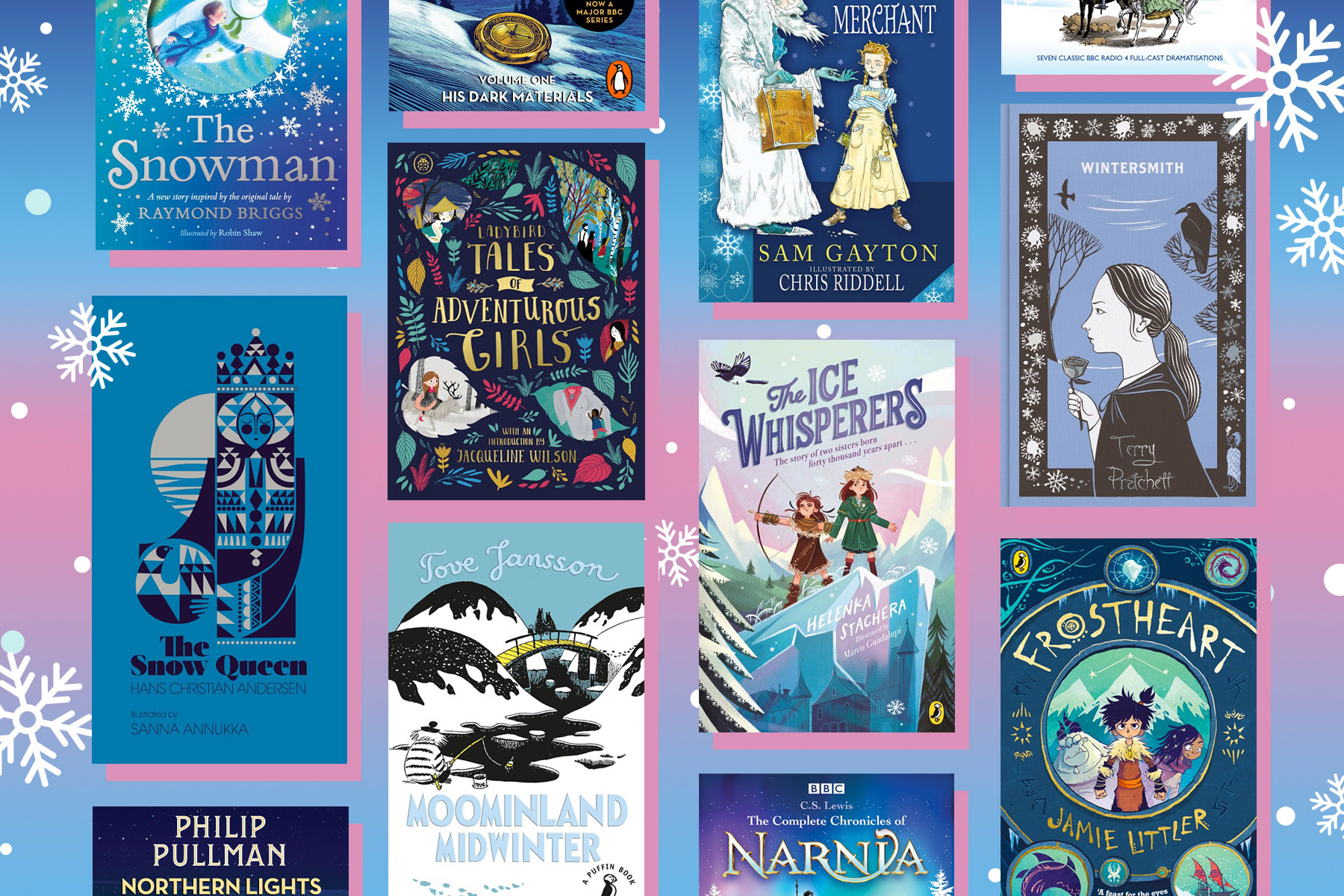 A picture of several children's books that are perfect for fans of Disney's Frozen, on a pink and blue ombre background with snowflakes.