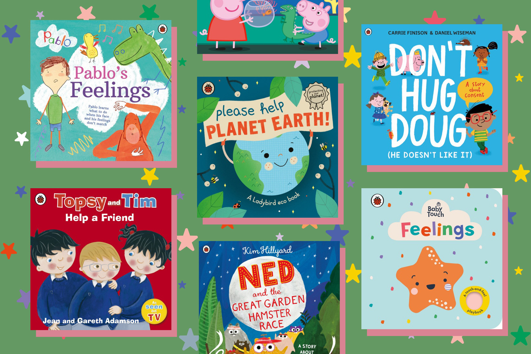 A selection of children's books about empathy on a green background with multicoloured stars