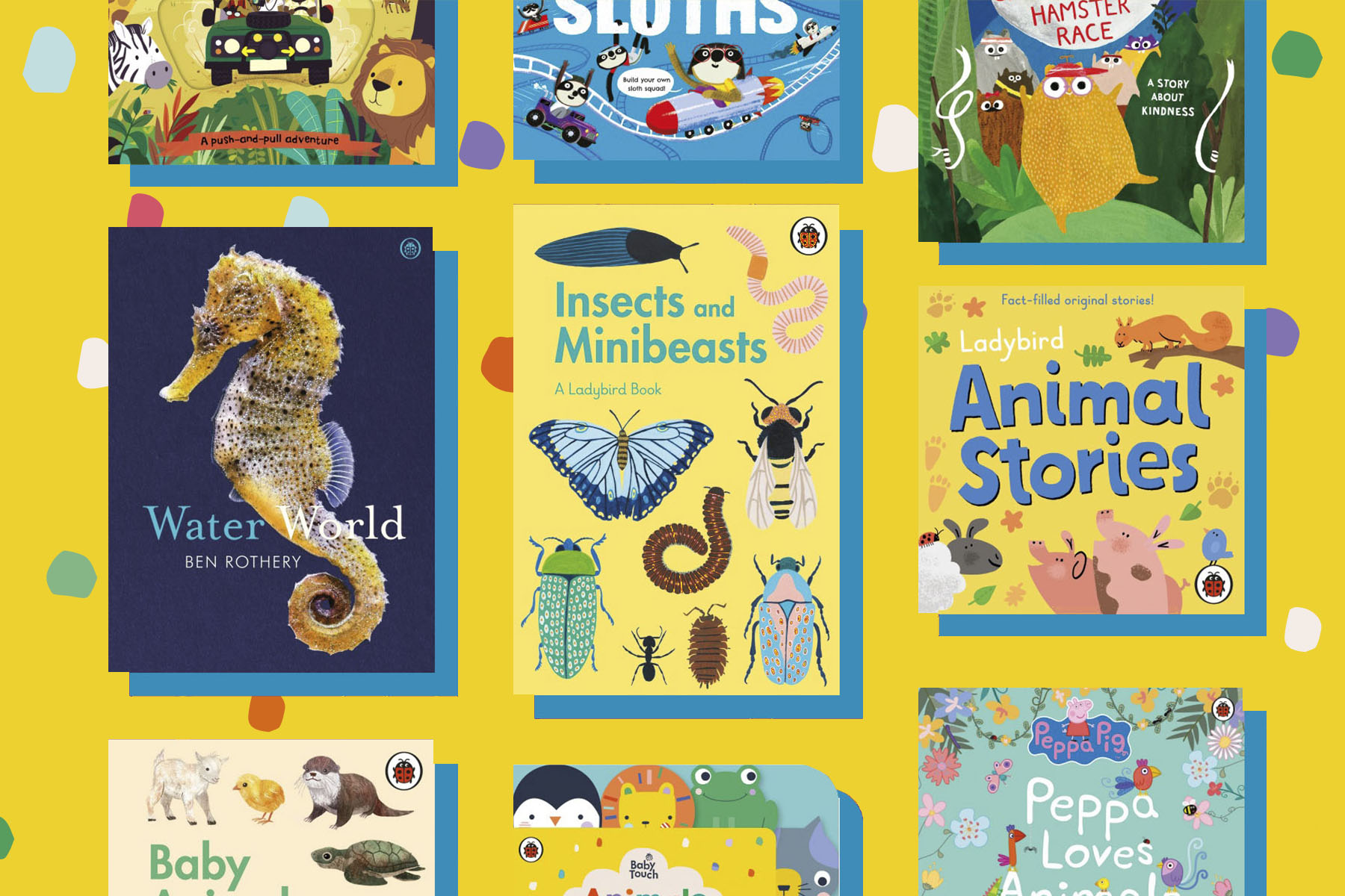 A picture of a several different books that centre around animals on a yellow background with colourful spots