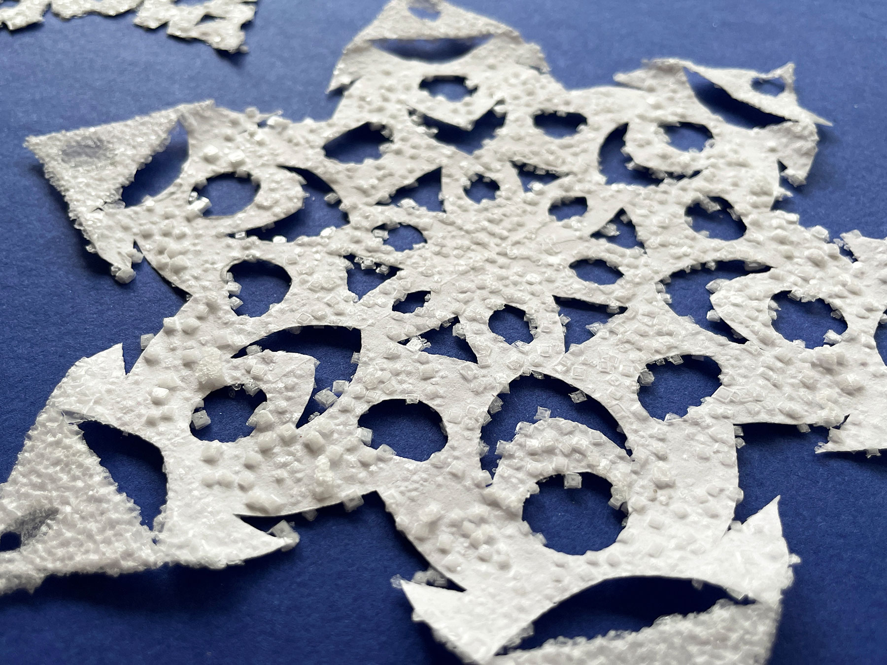 A photo of a paper snowflake covered in salt crystals