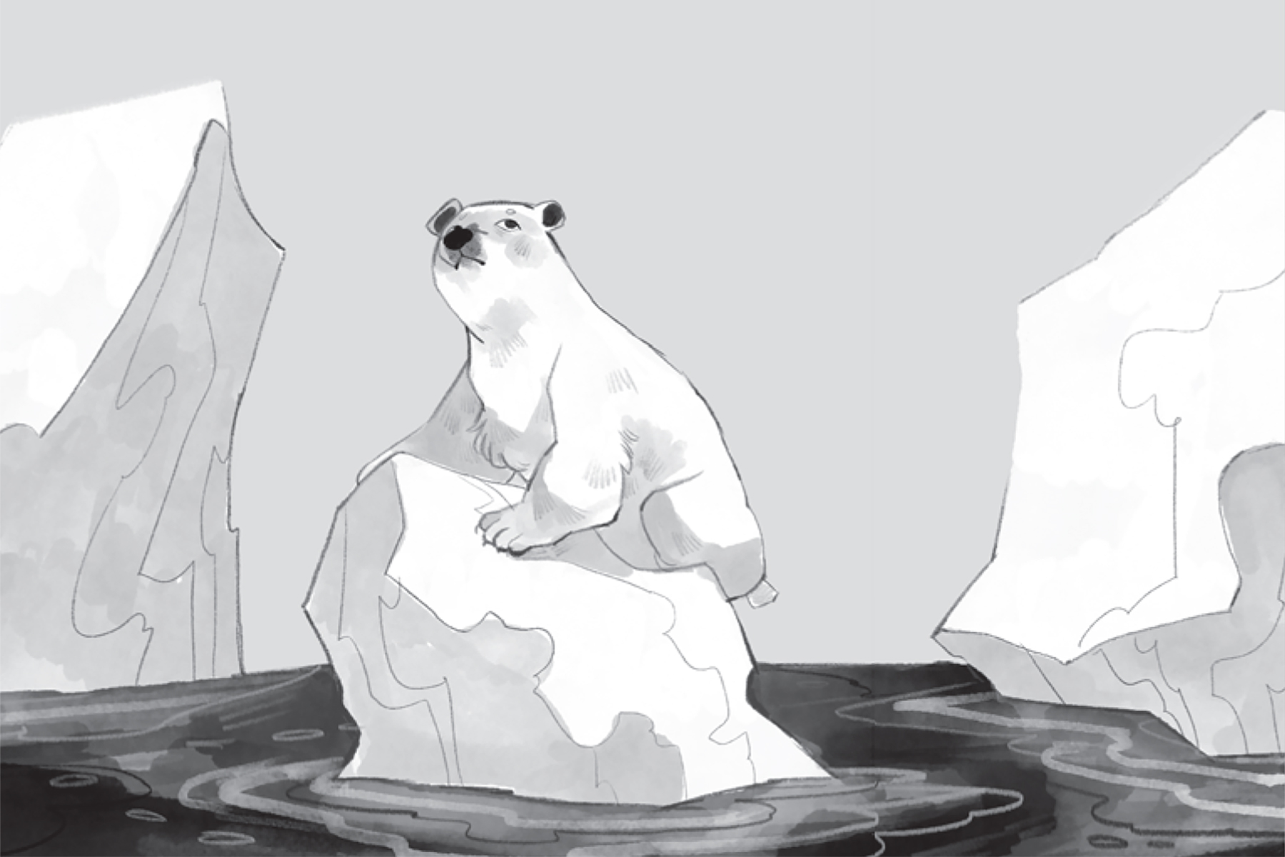 An illustration from Princess Olivia Investigates: The Wrong Weather showing a polar standing on a melting iceberg