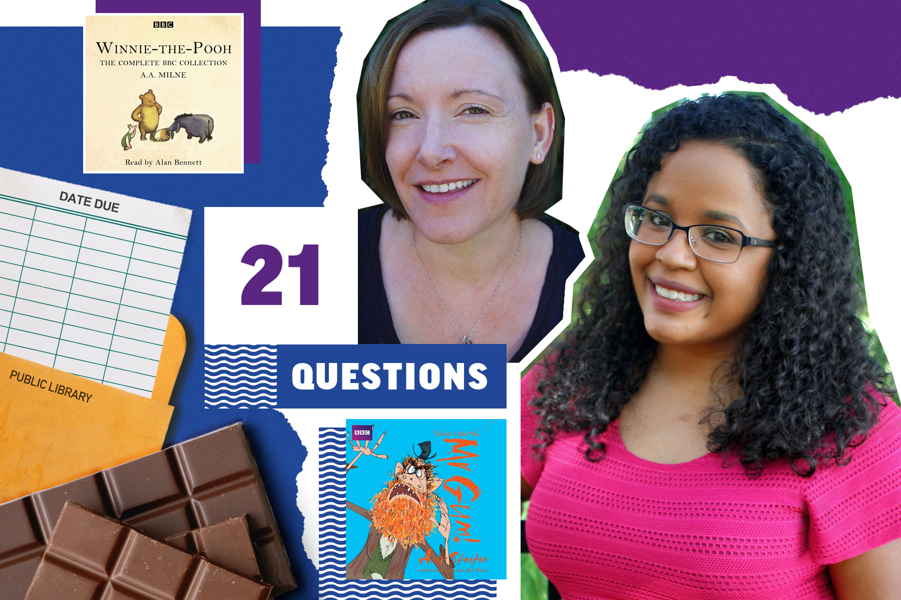 An image of author Lucy Brandt and illustrator Gladys Jose on a blue and purple collage background next to some chocolate, a Mr Gum book, Winnie the Pooh audiobook and a library card