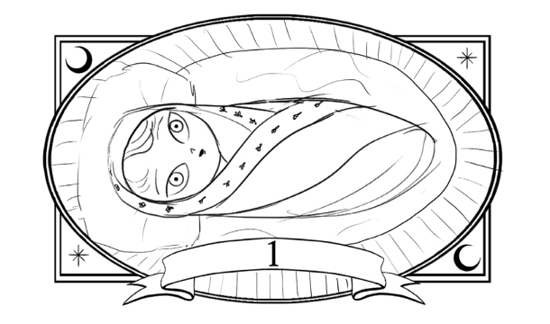 A line drawing of the main protagonist Ema as a baby from The Midnighters
