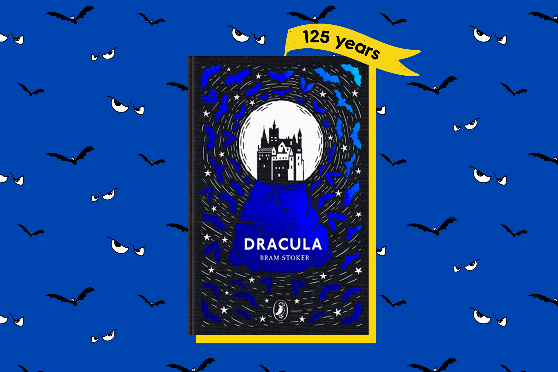 An image of the Puffin Clothbound Classics book Dracula by Bram Stoker on a dark blue background with bats and angry eyes. There is also a little yellow flag that says '125 years'